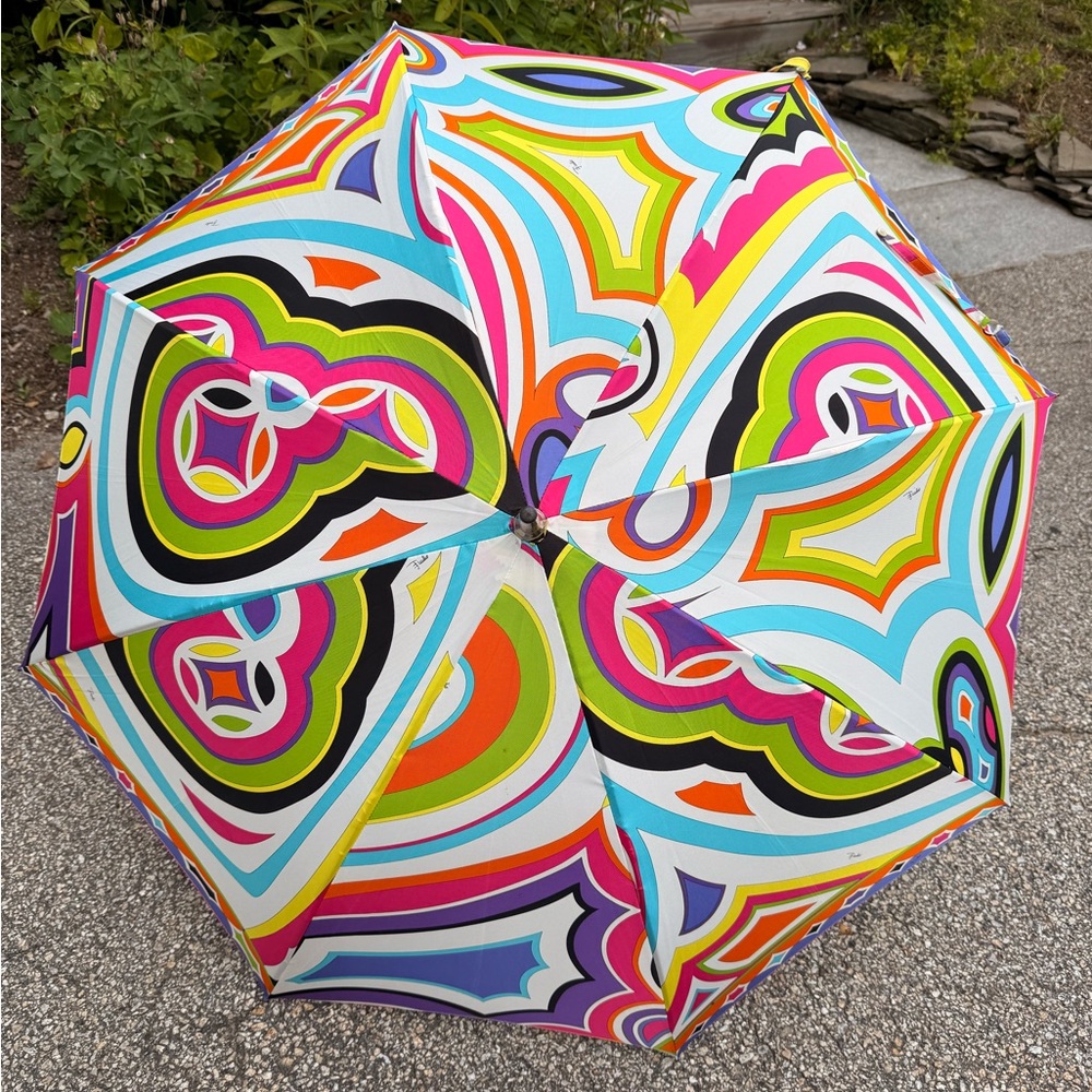 Rare 2000s Emilio Pucci Multicolor Geometric Umbrella With Wood & Leather Handle - Picture 9 of 13